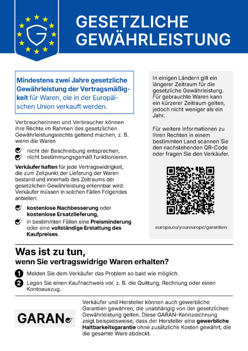 EU-Hinweis: Gesetzliche Gewährleistung – mindestens zwei Jahre für Waren in der EU